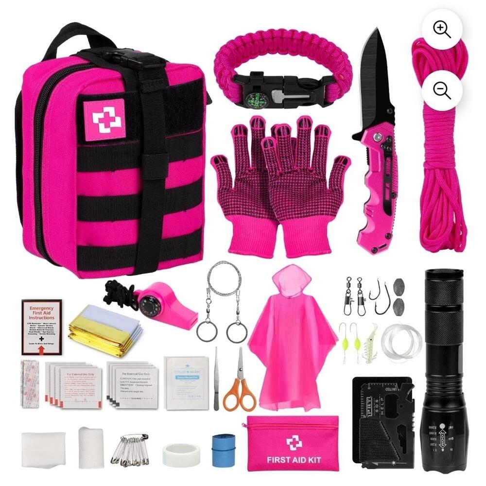 Pink Emergency Survival & First Aid Kit, Self-Defense Gear with Molle Pouch & Te